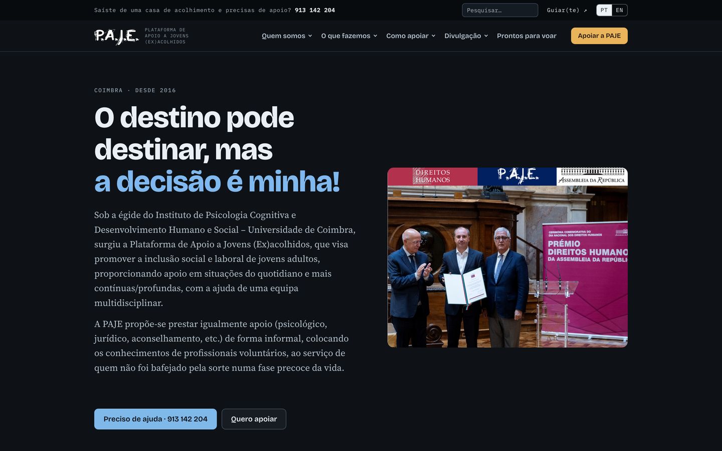 Página inicial do site da PAJE